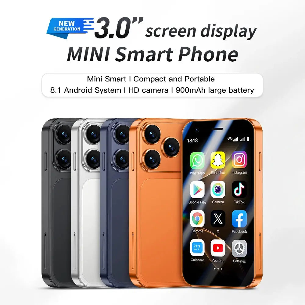 SOYES A17 mini Android smartphone; 3.0-inch display with multiple color variants shown (orange, black, silver, blue).