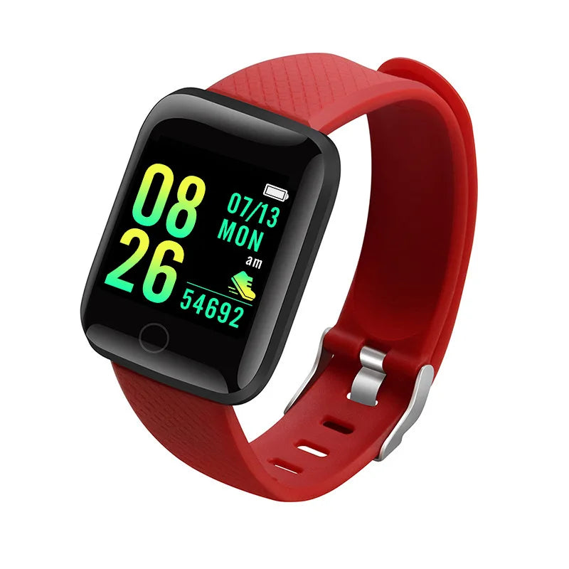 Smart Watch Fitness Tracker with red silicone strap and black square display showing time, date, and steps