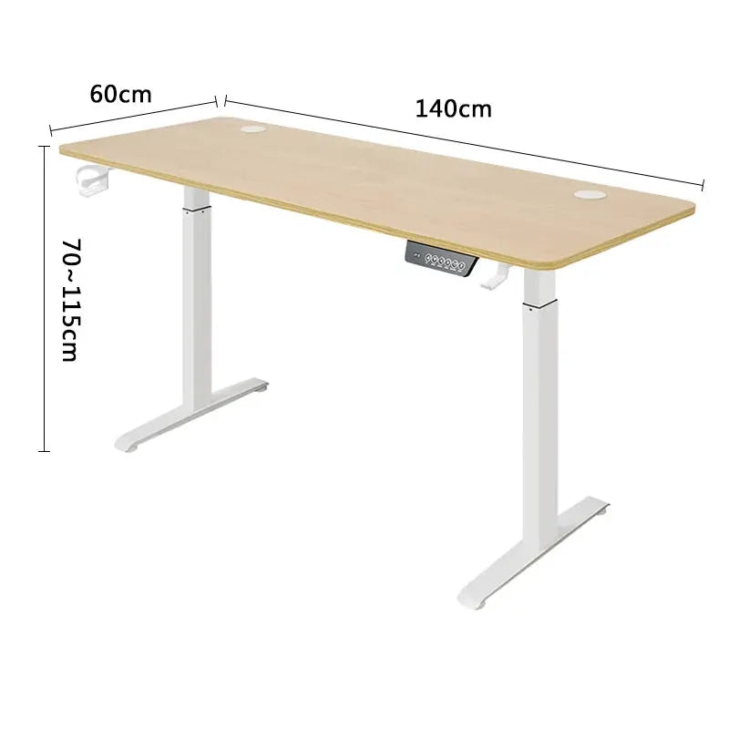 Electric height adjustable standing desk with wood top, white legs, and built-in control panel.