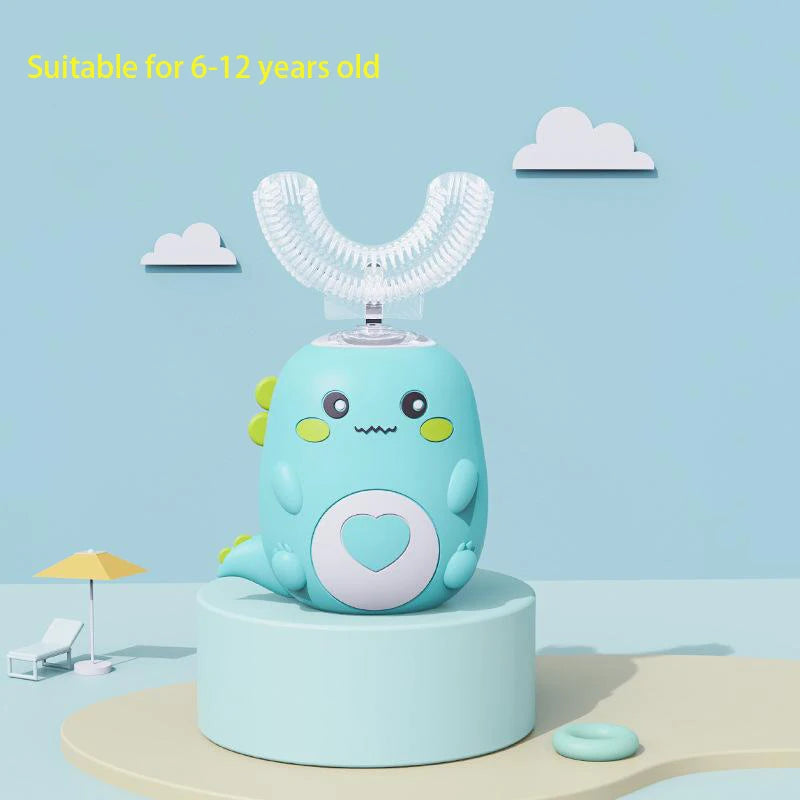 Balashov Kids U-Shaped Electric Toothbrush, turquoise with heart emblem and playful face for ages 6-12