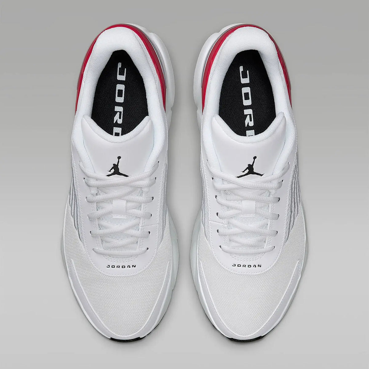 Jordan men's low-top sneakers, white with red accents; 2 shoes shown, IO2091-101