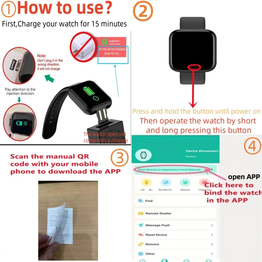 Smartwatch in black with square face and strap; collage showing charging, pairing, and app setup steps