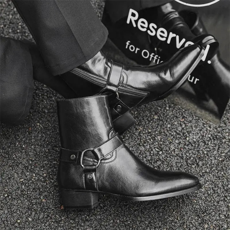 WestLine Premium Black Slip-On Western Chelsea Boots, black leather with side zipper and buckle strap.