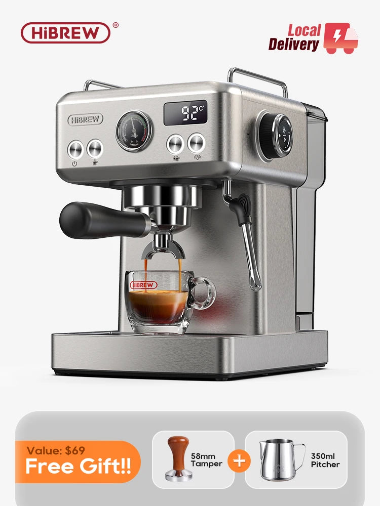 HiBREW 20Bar Semi Automatic Espresso Machine, stainless steel finish with 58mm portafilter; includes tamper and pitcher