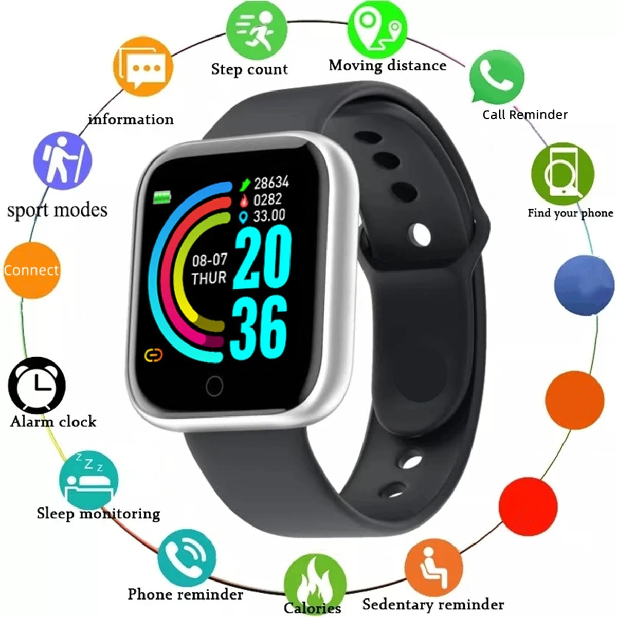 Smart Watch Fitness Tracker by PrimeCanada.Store; black strap, square display with colorful activity rings.