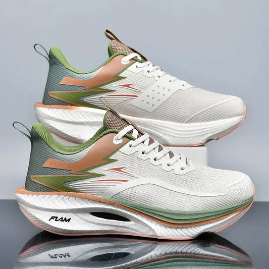 Apexrun Elite Carbon Plate Running Shoes with breathable upper in white, peach, and green colorway, pair