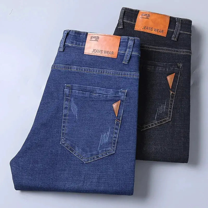 Premium dark-wash slim-straight stretch denim jeans, blue and dark indigo, 2 pairs with tan leather patches