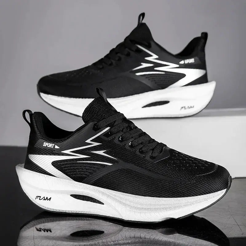 Flam Athletic Running Shoes, pair, black mesh upper with white zigzag accents