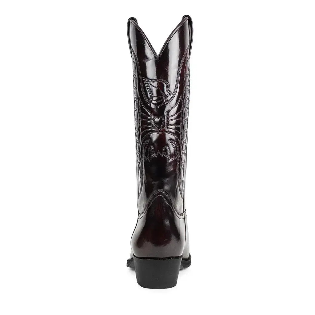 Men's black patent leather western cowboy boots with a pointed toe, embroidered design, and chunky heel
