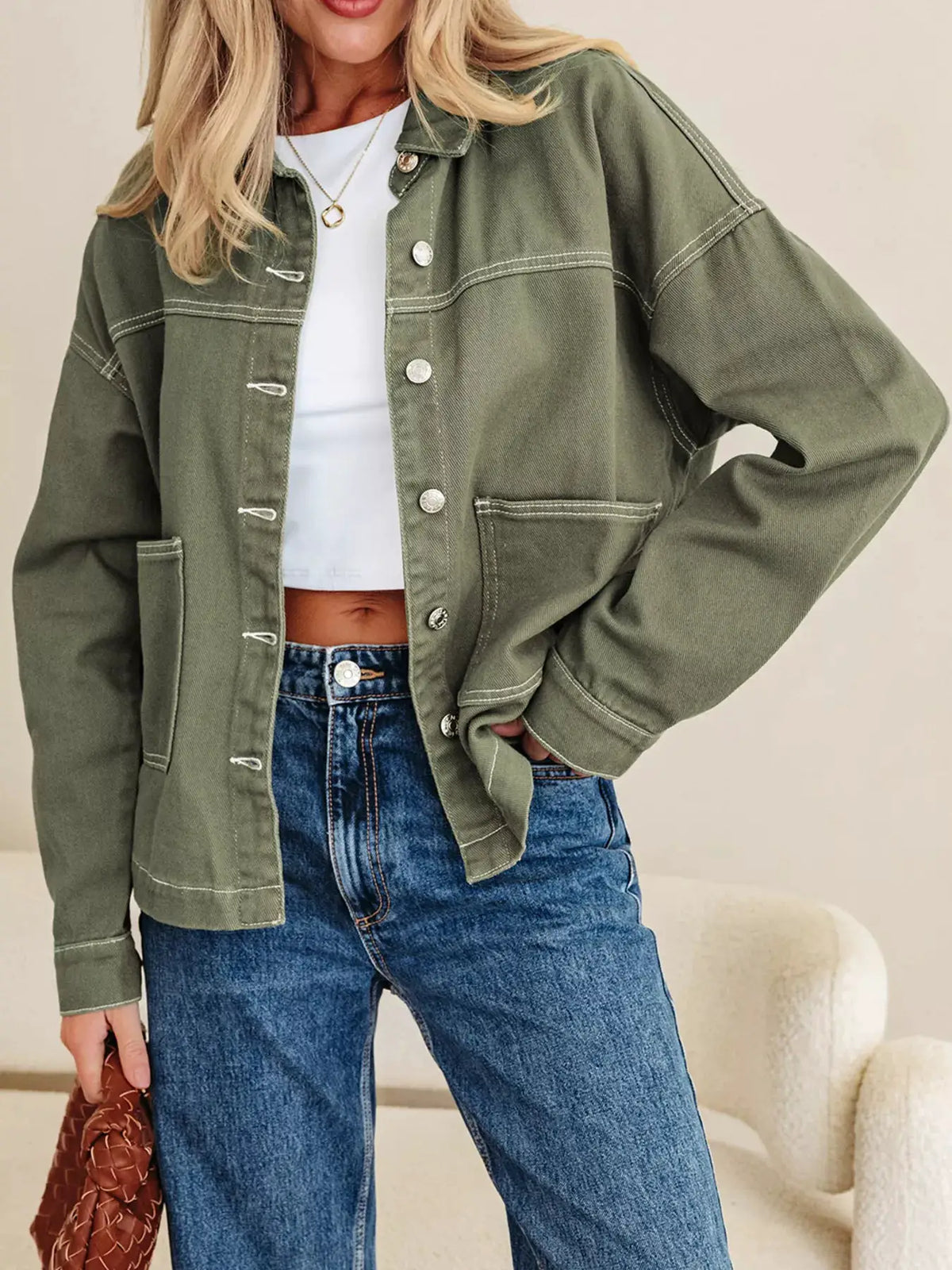 Trendsi boyfriend olive-green denim jacket with patched front pockets and button closure