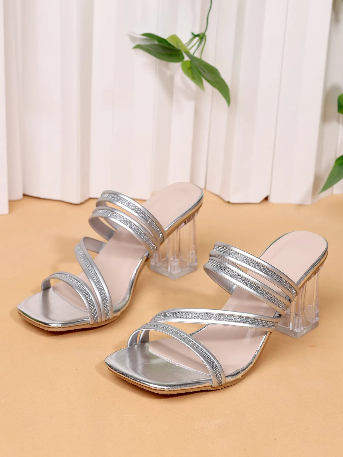 Open Toe Block Heel Sandals by Trendsi, silver metallic straps with a clear heel