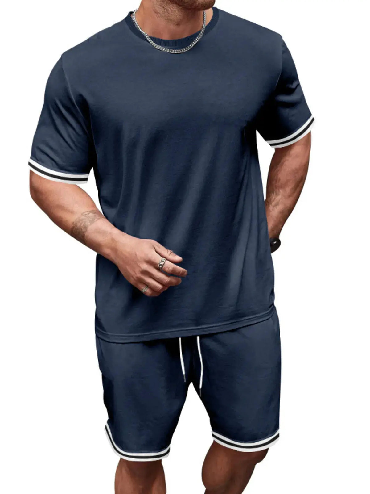 Men's navy two-piece set: short-sleeve tee and matching shorts with white striped trim