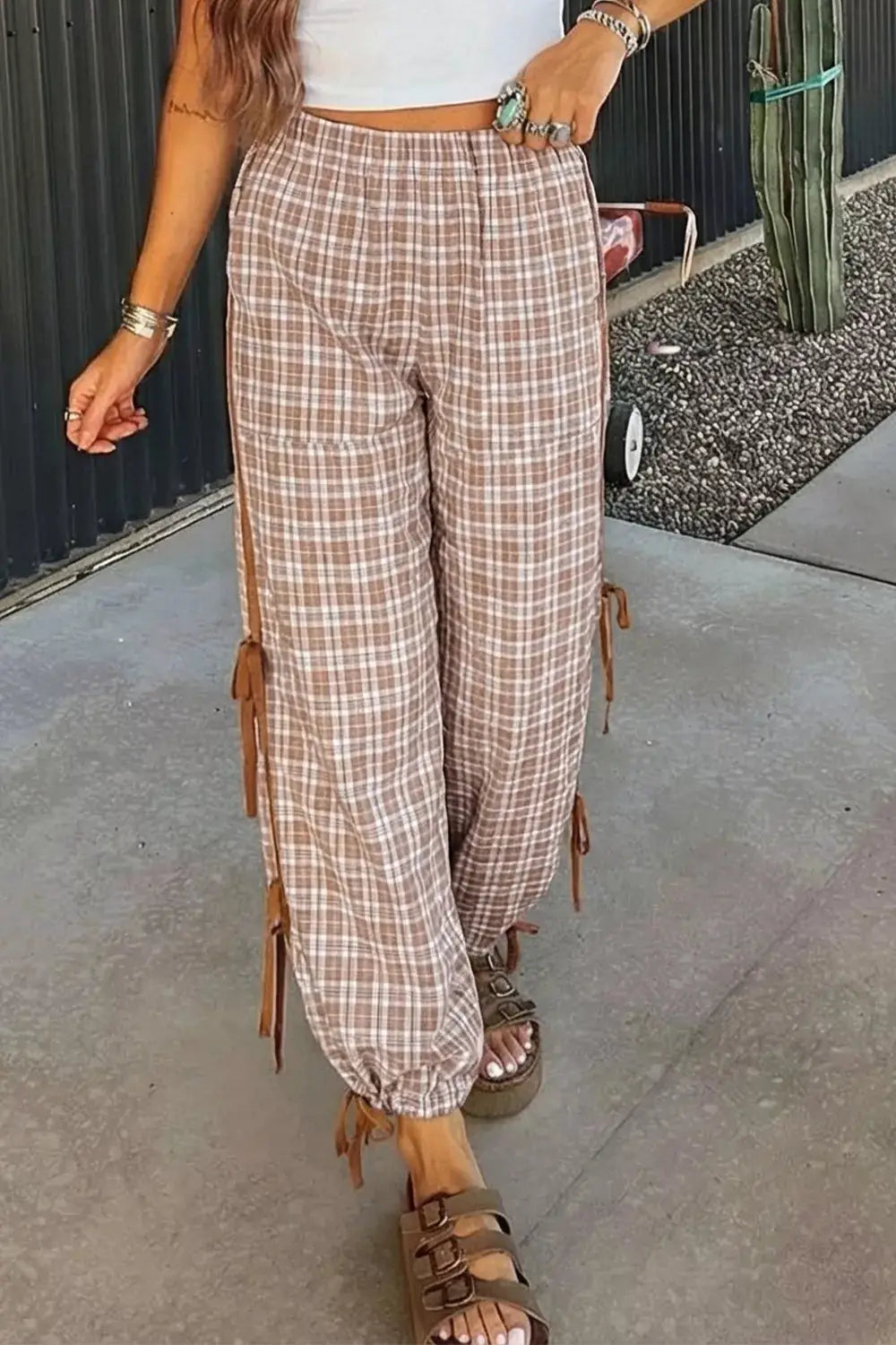 Plaid print tie-detail casual pants by Trendsi; beige-brown check, wide-leg with side ties.