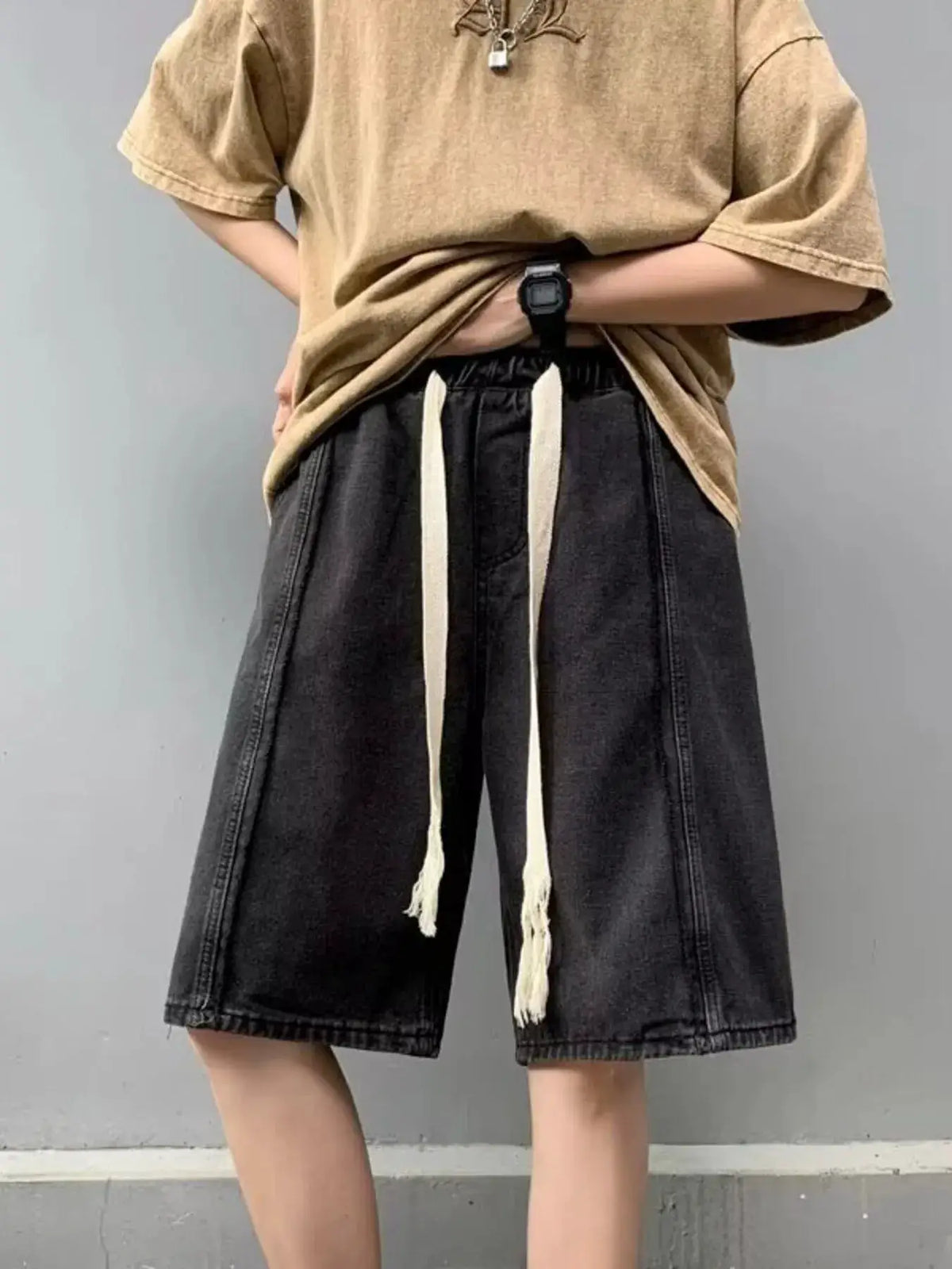 Men's Plus-Size Washed Denim Shorts with Stretch Drawstring Waist and Pockets, Trendsi