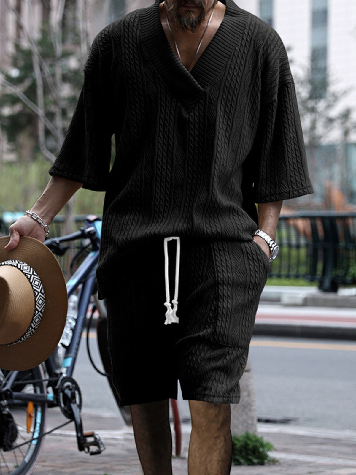 Men's knit V-neck top and shorts set, black textured fabric, plus size, Trendsi