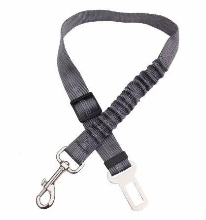 AdTec adjustable dog car seat belt with elastic gray strap and metal clip