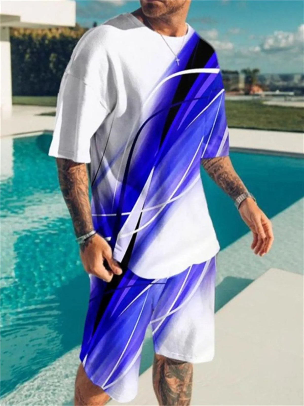 Men's plus-size two-piece set: white short-sleeve top with blue-purple abstract pattern and matching shorts