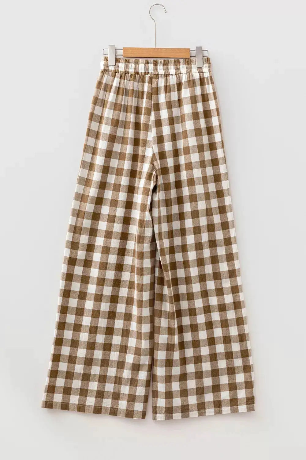 Gingham plaid elastic waist shift pants, brown and white, wide-leg trousers