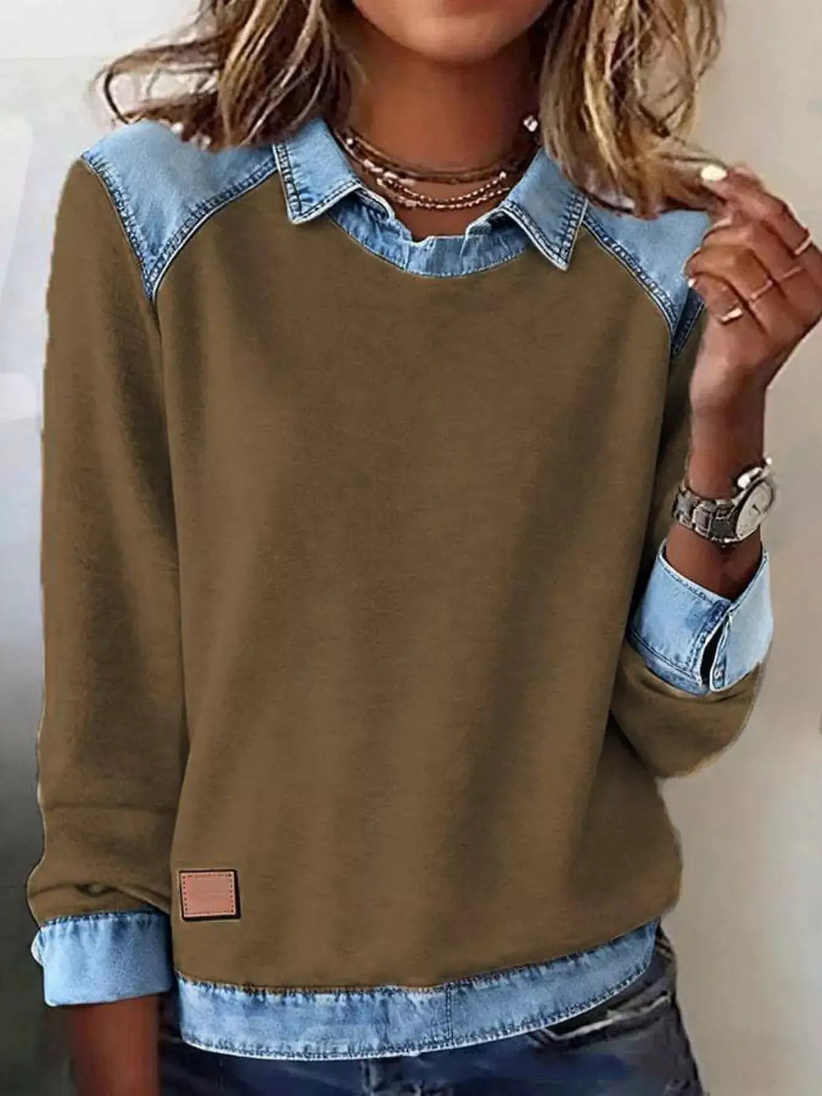 Classic Plus Size Long Sleeve Top with Denim Trim Overlay in olive with blue denim collar and cuffs