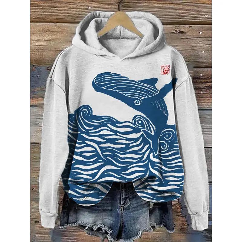 Womens hooded long sleeve pullover sweatshirt in gray with blue ocean waves print