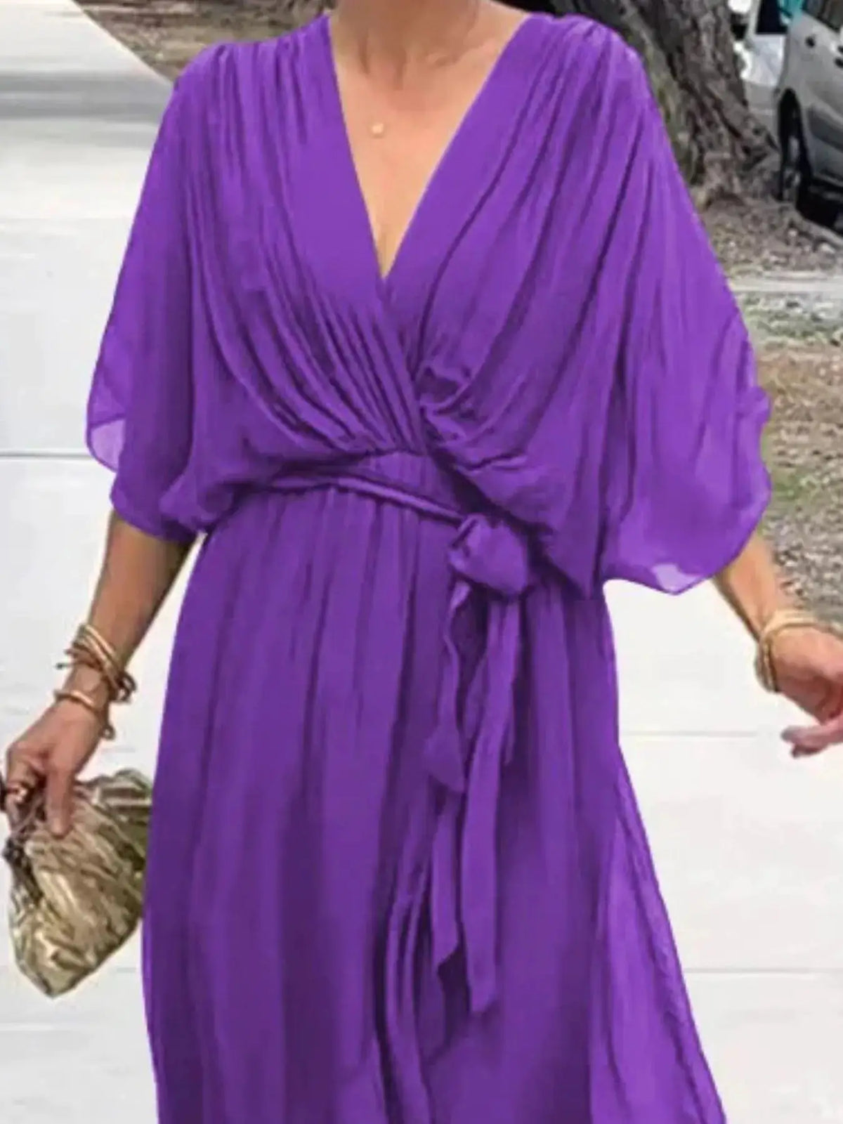 Plus-size purple tie-front midi dress with flutter sleeves and waist knot, Trendsi