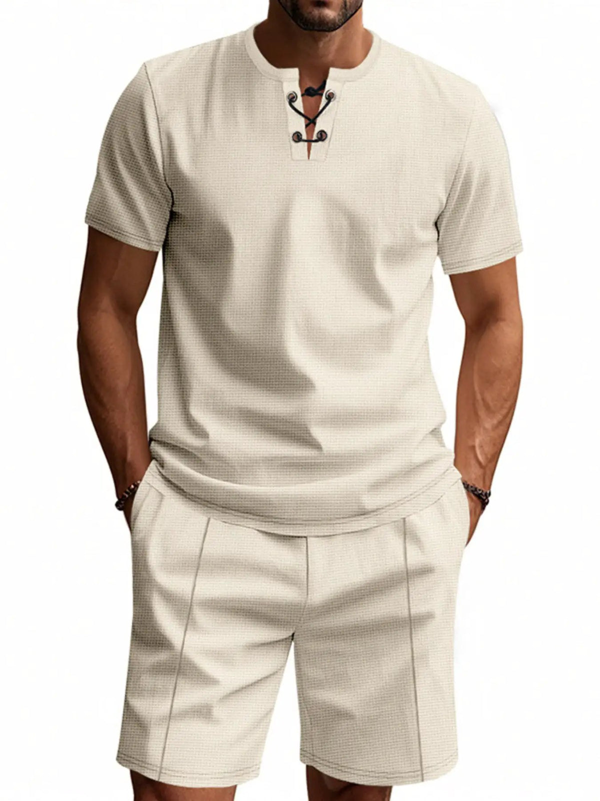 Men's beige two-piece casual set: short-sleeve tee with lace-up neckline and pocketed shorts