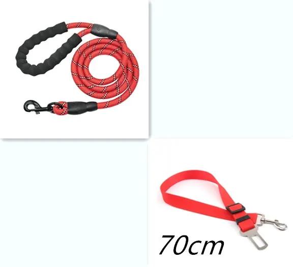 Reflective dog leashes, 2 pcs: red rope leash with black handle and 70cm red nylon strap leash
