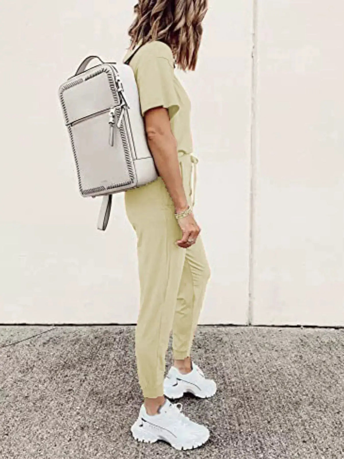 Plus-size round-neck top and drawstring pants set by Trendsi in beige