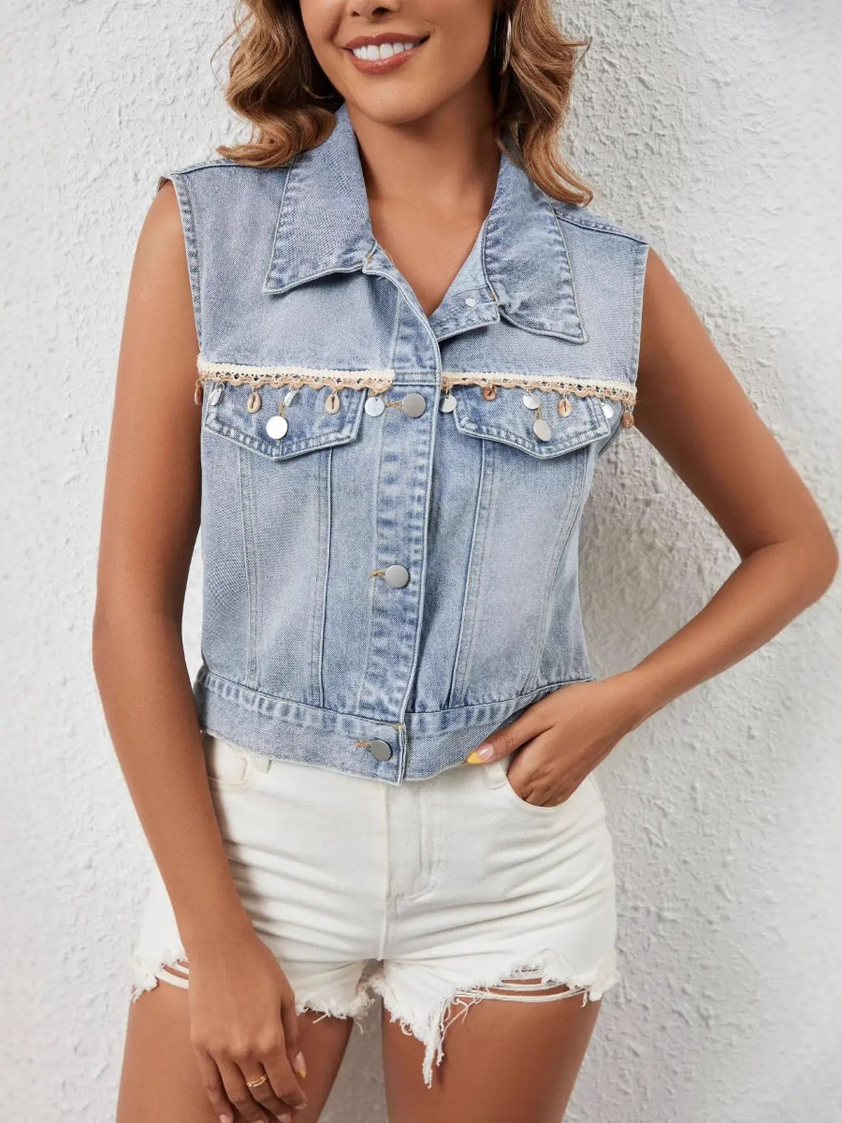 Gentle Drape Rayon Button Up Layering Top light-blue denim sleeveless vest with crochet trim and metal buttons