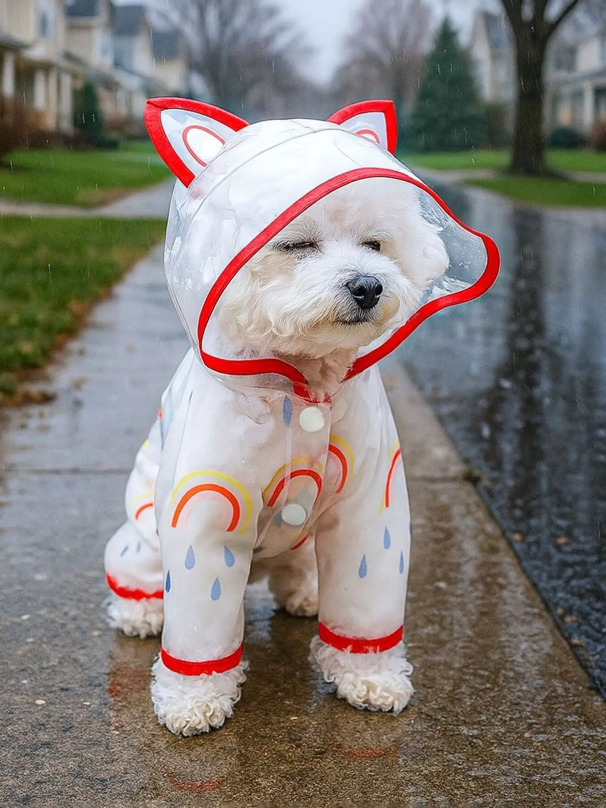 Lightweight waterproof pet raincoat by Trendsi; white coat with red trim and rainbow raindrop pattern on dog