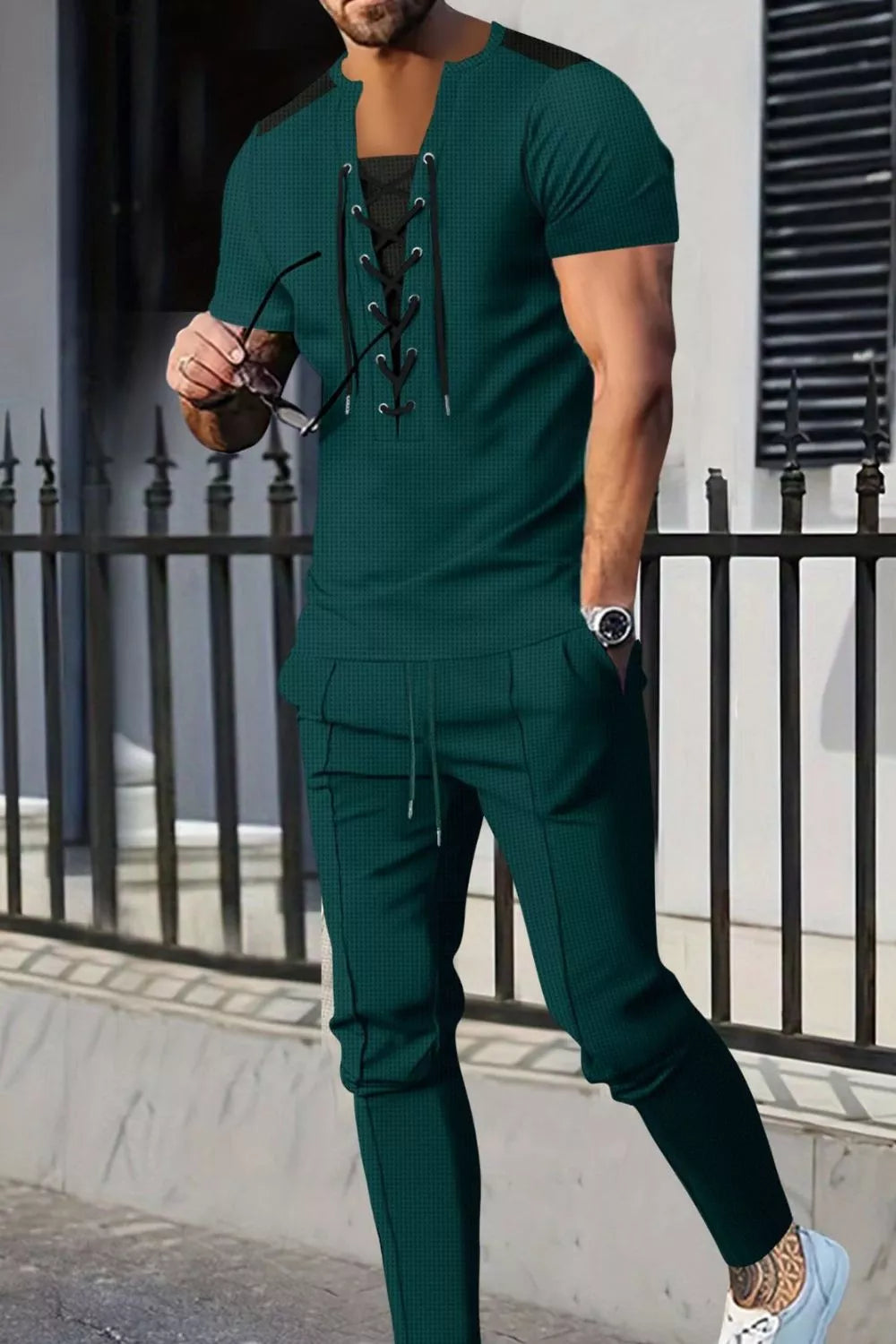 Men's green lace-up front top and matching pants two-piece casual set with drawstring waist plus-size