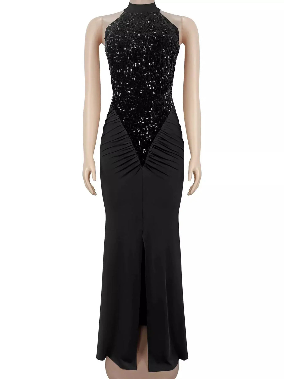 Sequin high-slit sleeveless maxi dress, black, by Trendsi.