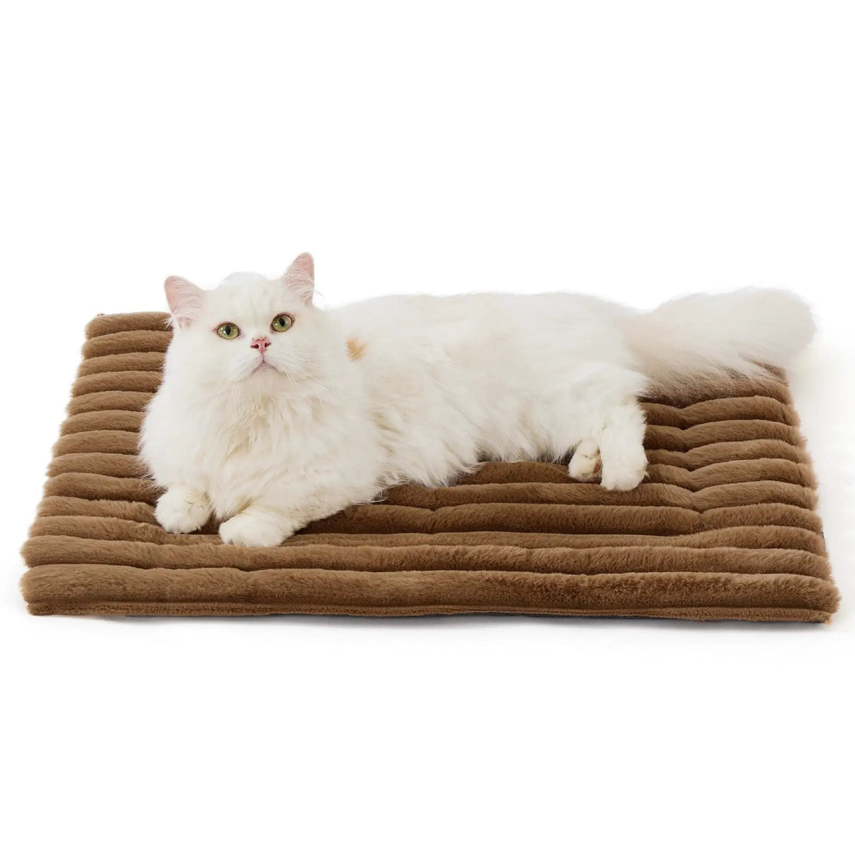 Self-Warming Pet Mat; brown corduroy fleece, thick and cozy with a white cat resting on it
