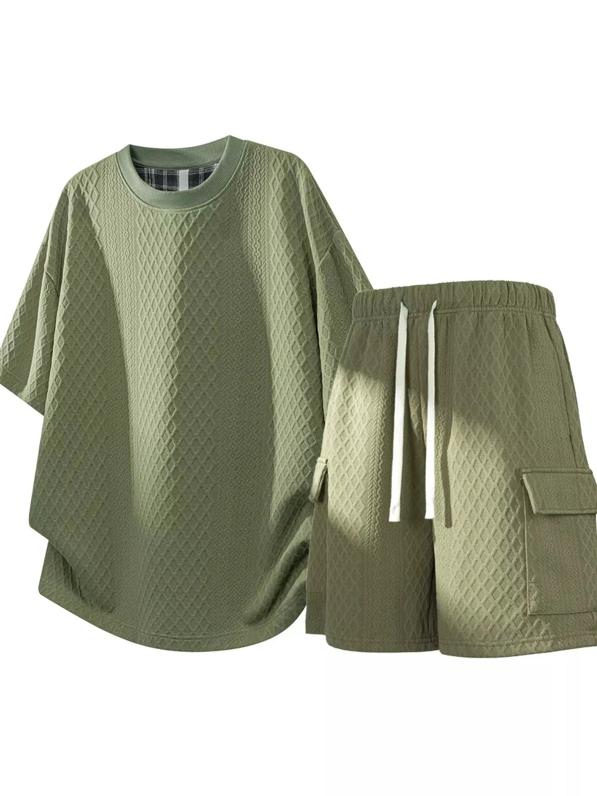 Plus Size Mens Waffle Knit Casual Two-Piece Top and Shorts Set by Trendsi in olive green