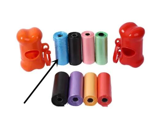 AdTec dog poop bag dispensers (2) with assorted colored bag rolls in blue, black, pink, green, purple, orange, red.