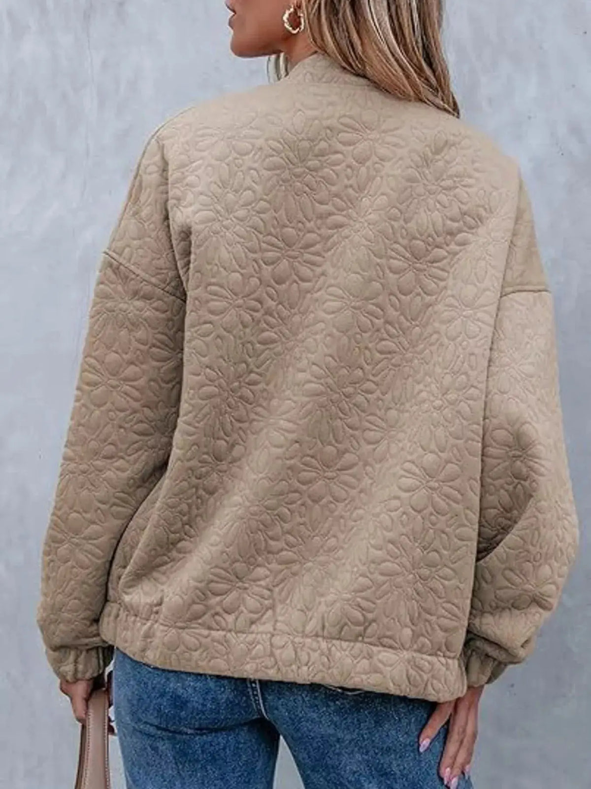 Premium Floral Quilted Lightweight Zip-Up Jacket in beige with an all-over floral pattern for daily wear