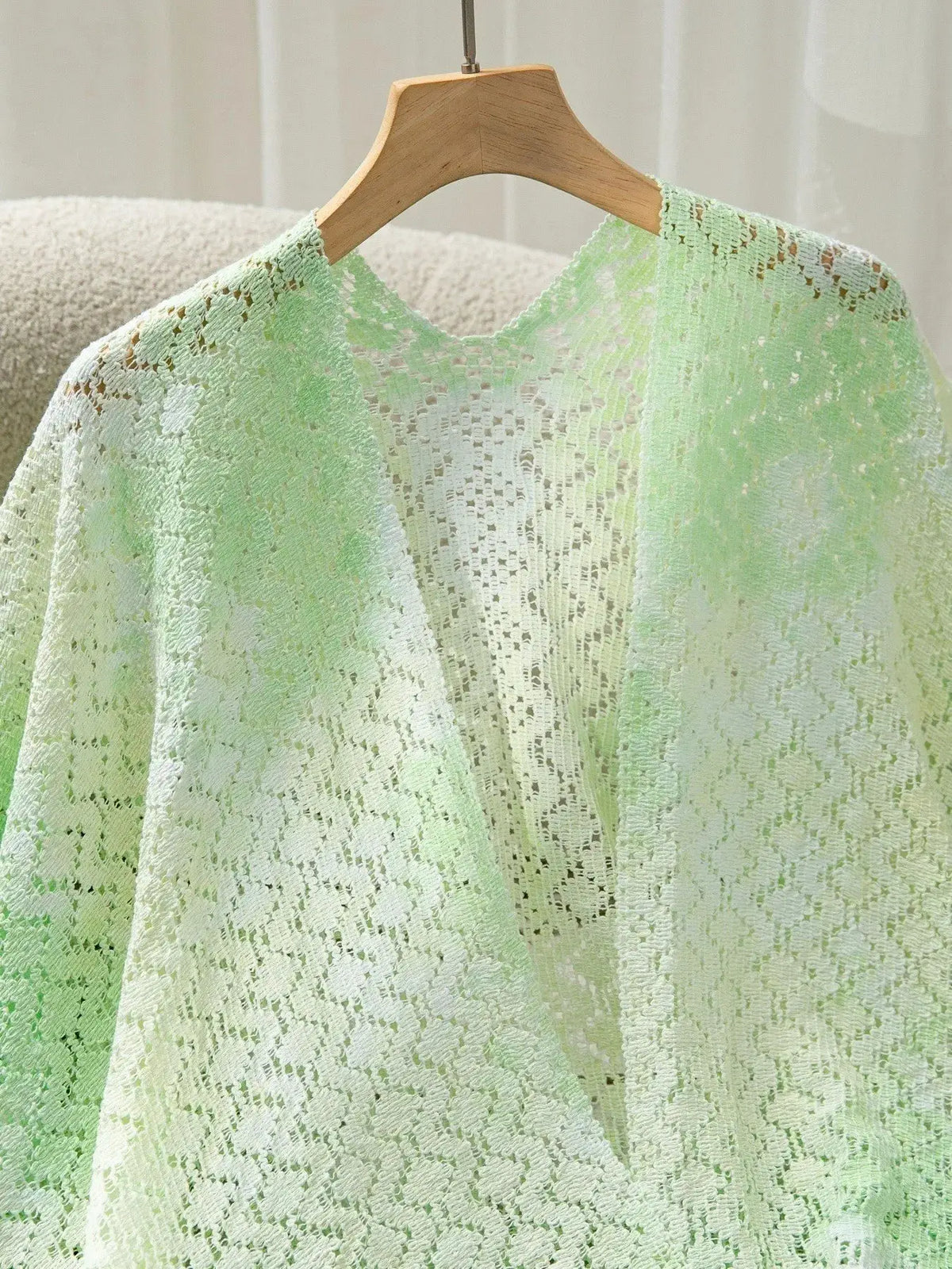 Lightweight Gradient Openwork Knit Tassel Beach Cover Up by Trendsi, mint-green gradient lace
