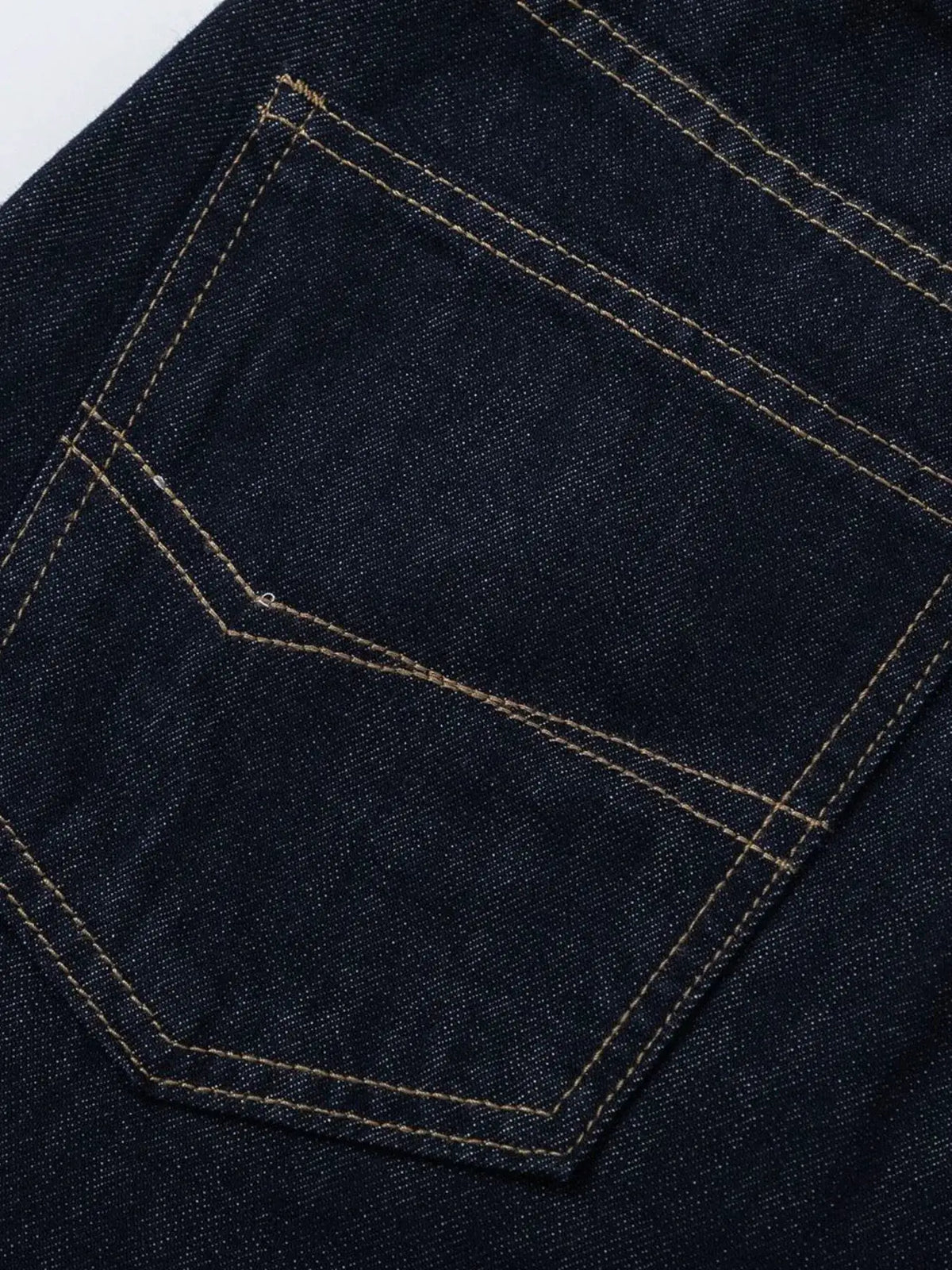 Men's wide-leg pure cotton denim shorts, dark indigo with tan stitching