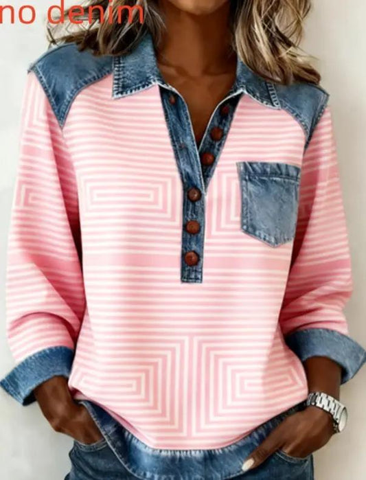 Clothing: Vintage denim patchwork pink long-sleeve button-down top with denim collar and chest pocket.