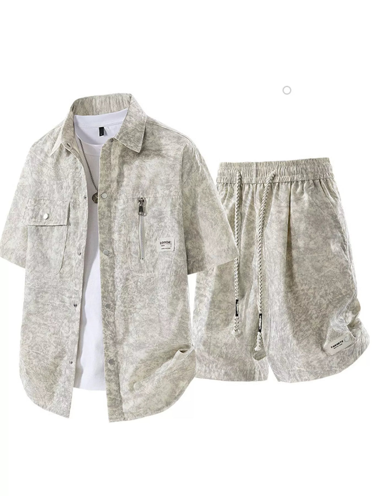 Men's Plus Size Lightweight Textured Shirt and Shorts Set by Trendsi; light gray textured fabric with drawstring shorts.