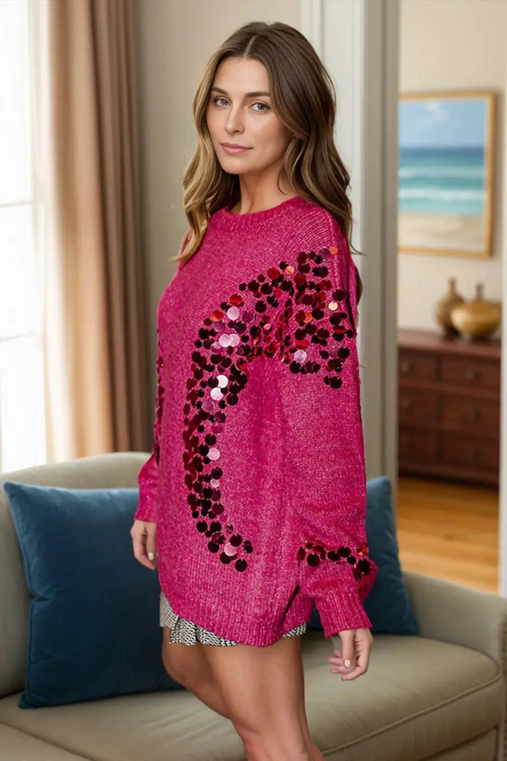 Long-sleeve sequin round-neck sweater by Trendsi in pink, stretchy polyester