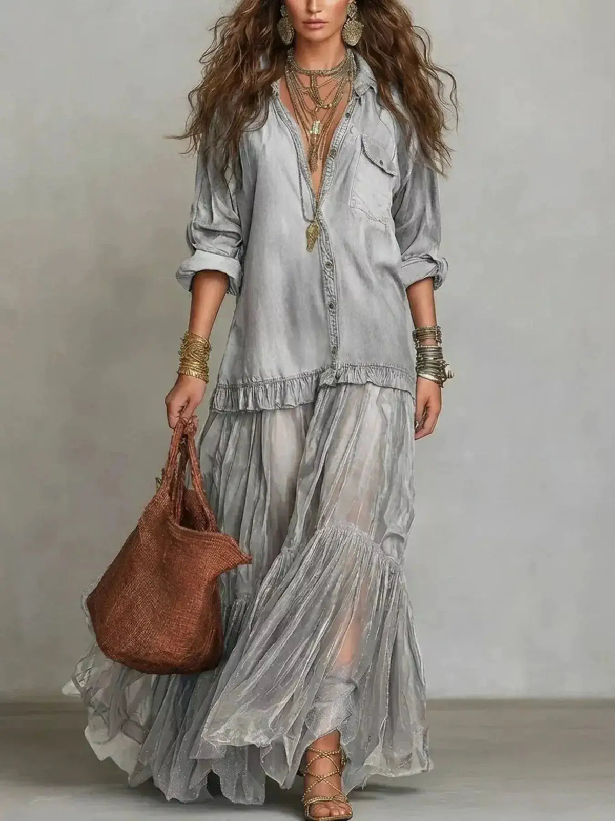 Full-size denim shirt maxi dress by Trendsi, light gray, plus size, tiered long sleeves.
