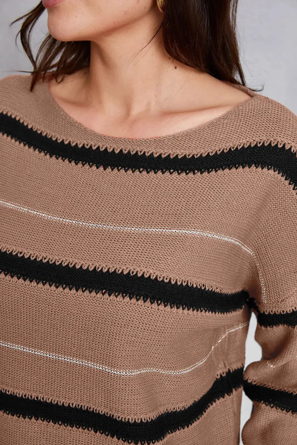 Relaxed round-neck striped knit sweater in tan with black stripes by Trendsi