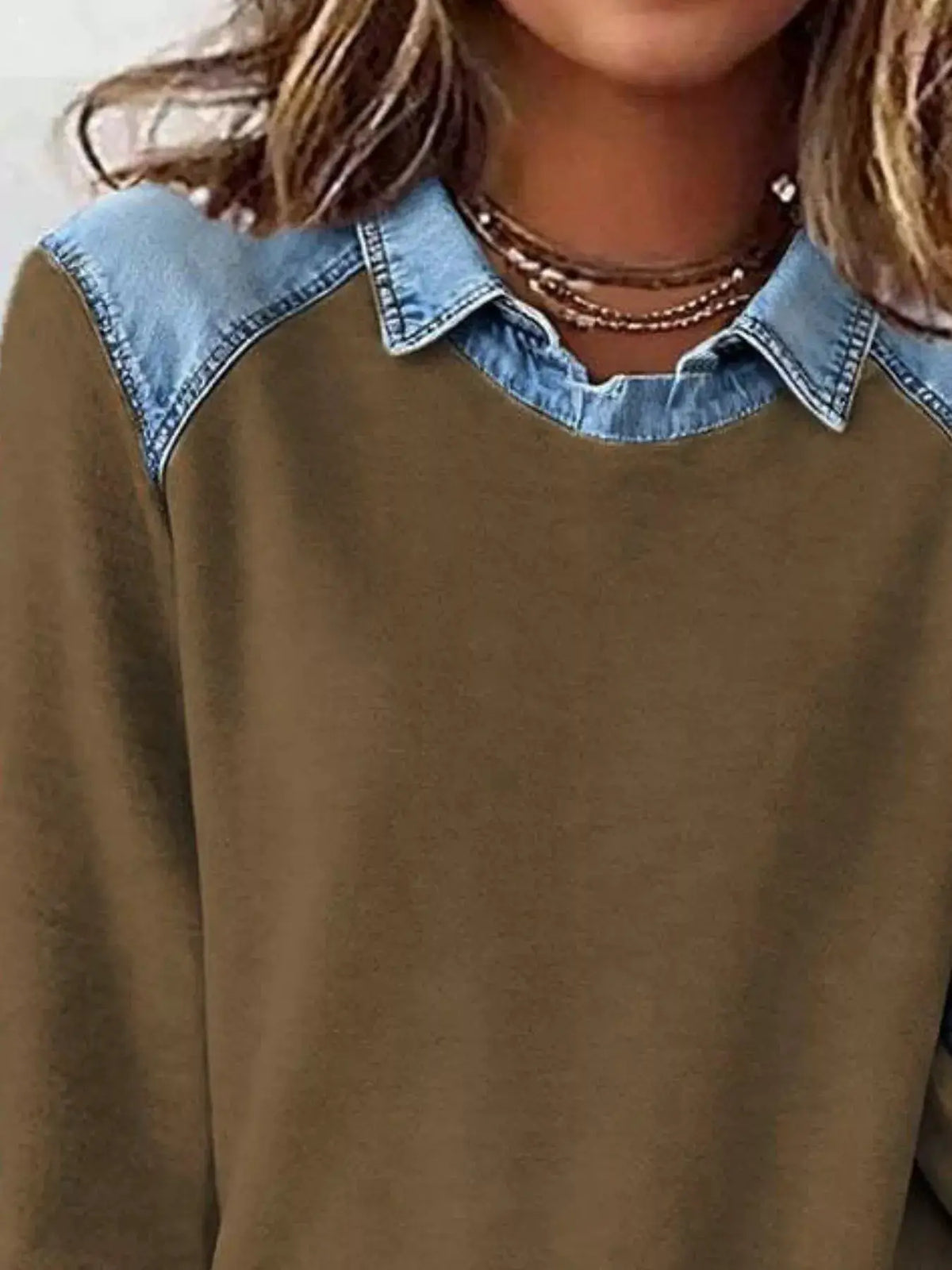 Classic Plus Size Long Sleeve Top With Contrast Denim Trim Overlay, olive-brown body with blue denim collar trim