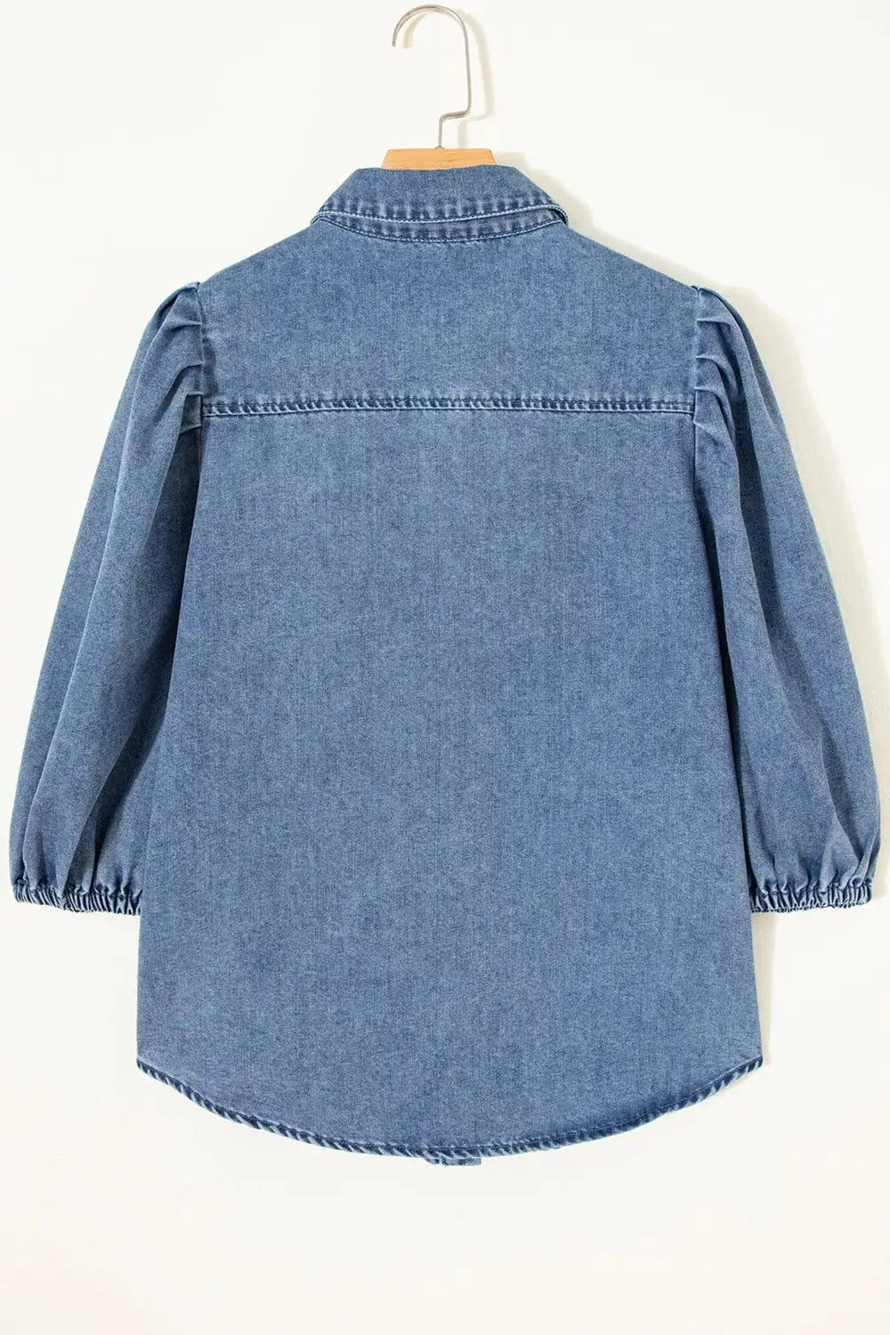 Structured Collar Puff Half Sleeve Denim Shirt in blue cotton-blend, back view on hanger