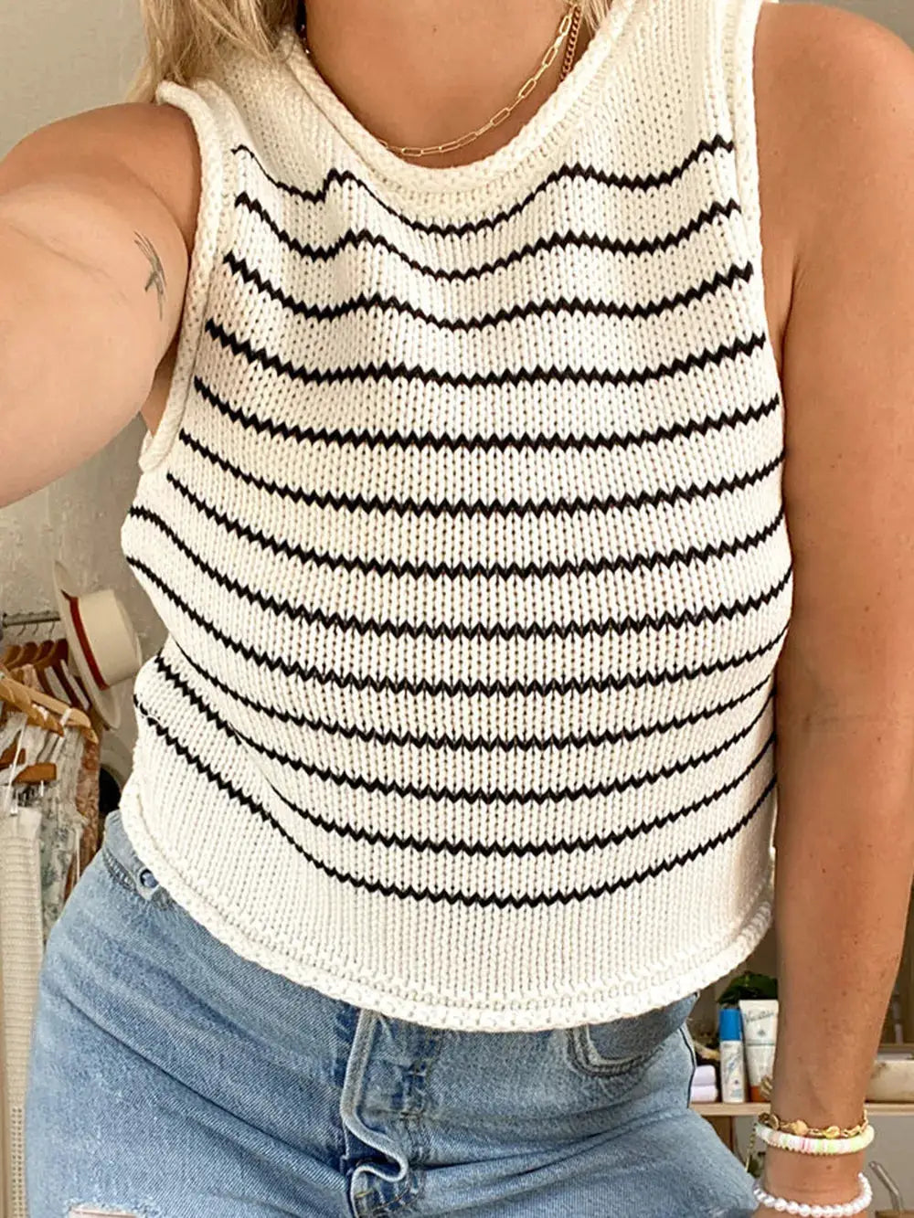 Classic Striped Round-Neck Sweater Vest, white knit with black horizontal stripes
