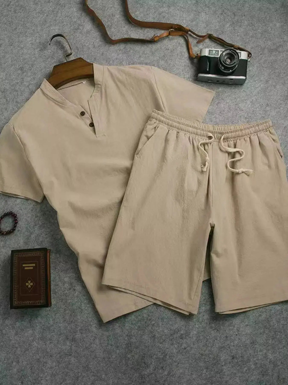 Men's plus-size beige cotton short-sleeve top and shorts set by Trendsi