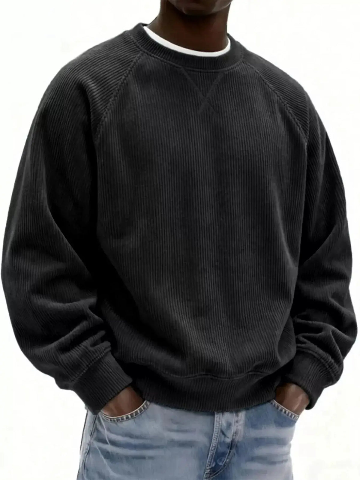 Mens Plus Size Corduroy Crew Neck Sweatshirt, black stretch cotton from Trendsi