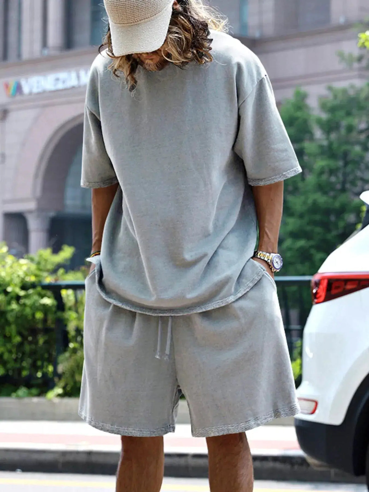 Men's grey relaxed-fit T-shirt and shorts lounge set with pockets by Trendsi