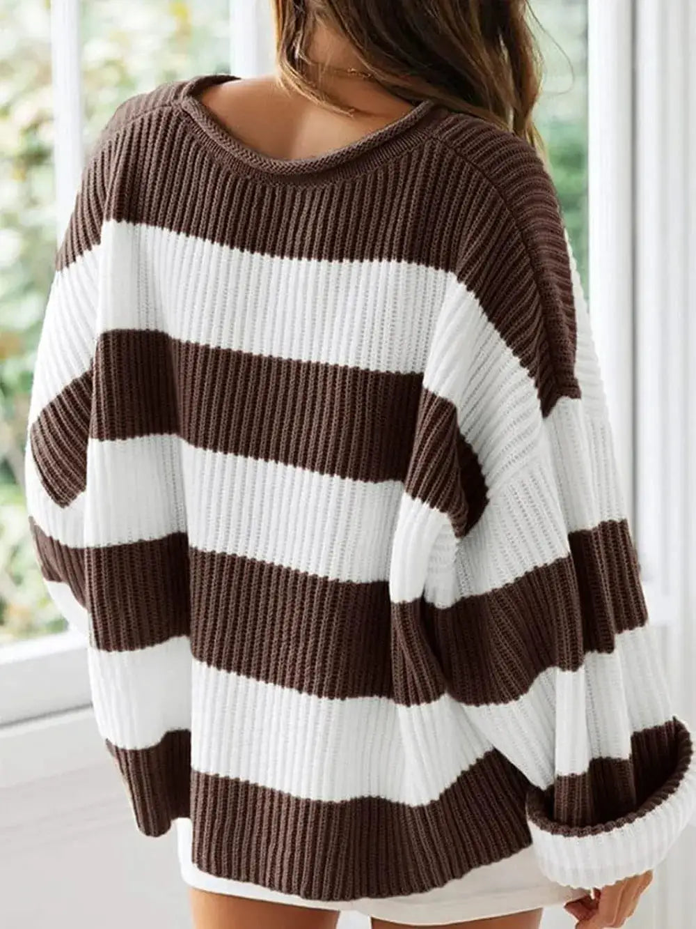 Trendsi Essential striped knit sweater with brown and white blocks, oversized round-neck long sleeves.